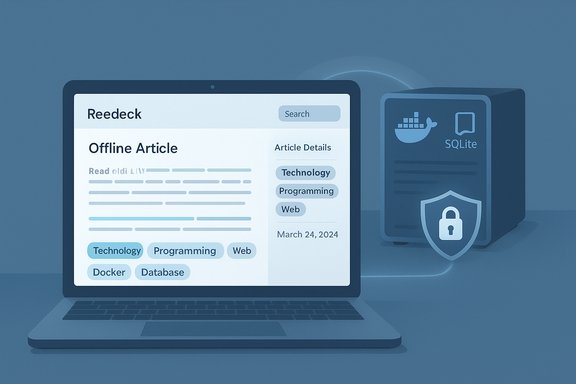 Blue-toned illustration of a laptop displaying an offline article with tech tags, connected to a SQLite server.