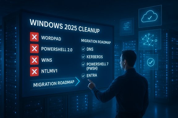 A man reviews a Windows 2025 Cleanup board with cleanup items and a migration roadmap.