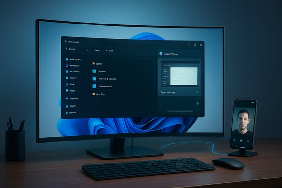 Sleek desk setup with a large curved monitor, keyboard, and a phone on a stand showing a video call.