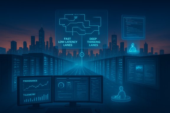 Futuristic data center with holographic dashboards and a city skyline, showing fast and deep-thinking lanes.