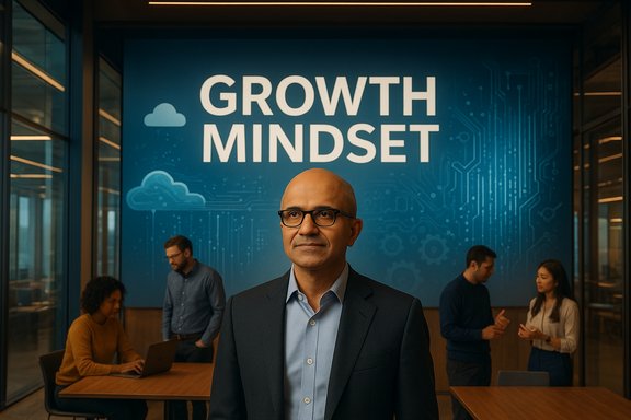 A professional man in a suit stands in front of a blue Growth Mindset backdrop in a modern office.