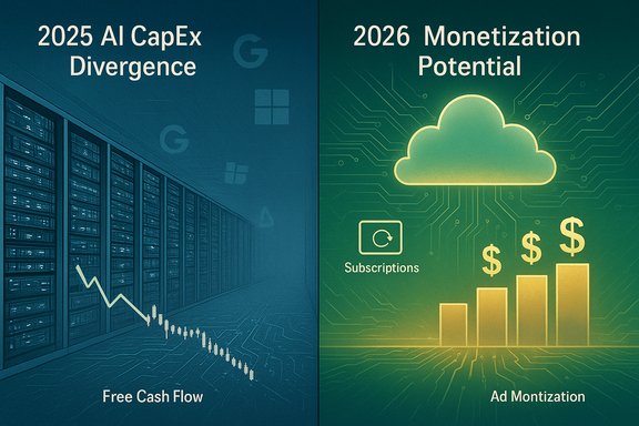 Two-panel infographic: 2025 AI CapEx divergence vs 2026 monetization potential (subscriptions, ads).