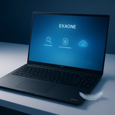 An LG Gram laptop shows EXAONE with online search, local summarisation, and cloud icons, and a feather nearby. An LG Gram laptop shows EXAONE with online search, local summarisation, and cloud icons, and a feather nearby.