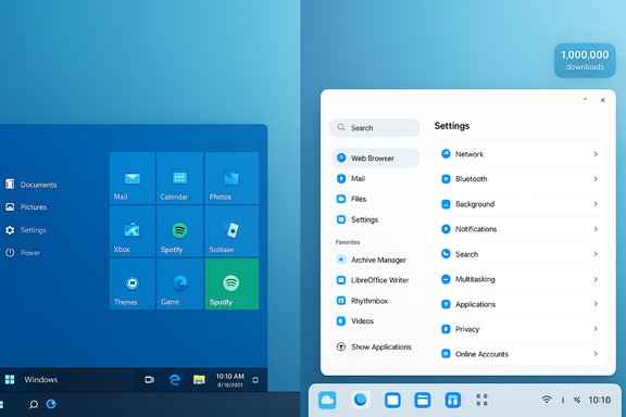 Split-screen UI: Windows-style Start menu on the left and a floating Settings panel on the right.