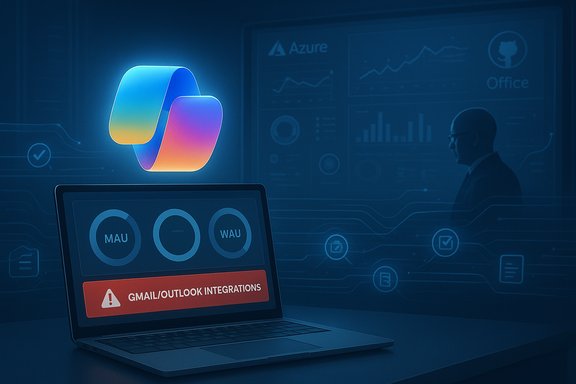 A glowing multicolor logo floats above a laptop displaying a Gmail/Outlook integrations alert on a high-tech dashboard.