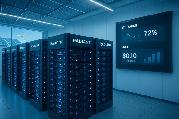 Data center with glowing server racks labeled RADIANT and a dashboard showing 72% utilization. Data center with glowing server racks labeled RADIANT and a dashboard showing 72% utilization.