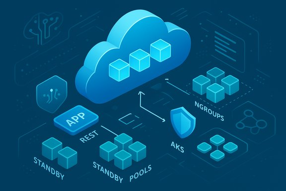 Isometric blue cloud architecture illustrating AKS with app, REST, standby pools, and NGROUPS.