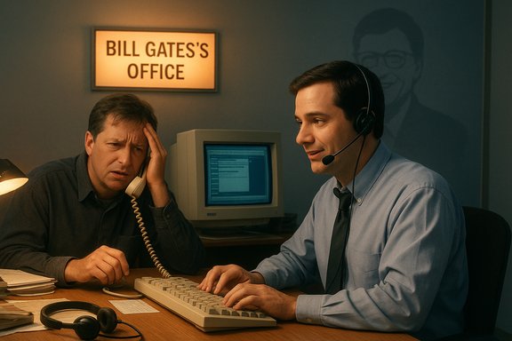 Two men at a desk in Bill Gates's Office, one on the phone and one typing at a computer.