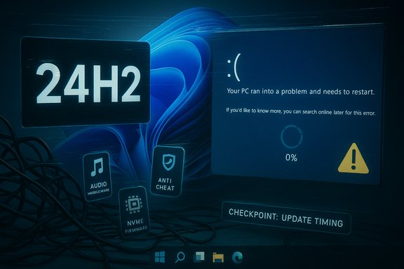 Stylized Windows error screen showing 24H2 update, a sad face, and tangled cables.