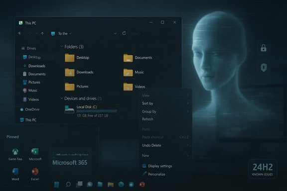 A dark Windows 11 File Explorer window beside a ghostly blue hologram figure.