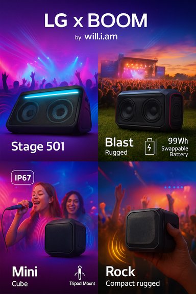 LG x BOOM: rugged, concert-ready portable speakers showcased at a live outdoor show.