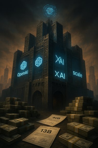 Neon-lit fortress towers above stacks of money, displaying OpenAI and XAI banners. Neon-lit fortress towers above stacks of money, displaying OpenAI and XAI banners.