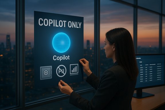 A woman places a 'Copilot Only' sign with a glowing blue sphere in a sunset-lit office.