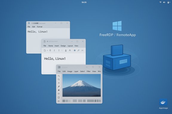 Blue Windows wallpaper showing FreeRDP/RemoteApp with multiple “Hello, Linux!” windows.