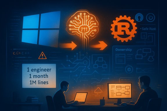 Two engineers work at laptops as a glowing orange AI brain and tech diagrams illuminate the wall.