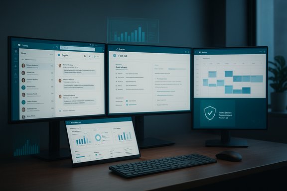 Multi-monitor workstation displaying blue-toned dashboards and a laptop on the desk.