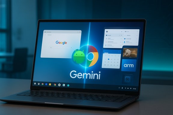 Laptop screen showing Gemini OS desktop with Google Chrome, Android mascot, and ARM logo.
