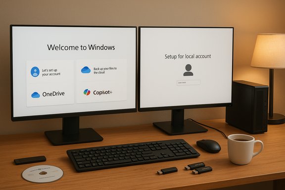 Two monitors show a Windows setup screen on a clean desk with a coffee mug.