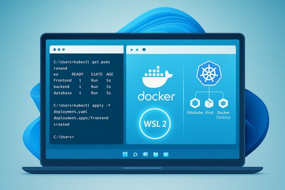 Split-screen laptop showing terminal commands on the left and Docker/Kubernetes visuals with WSL2 on the right.