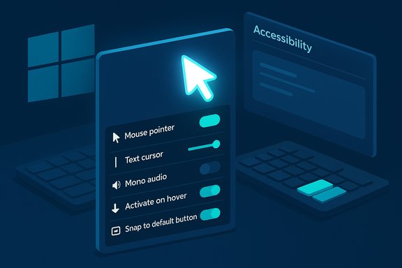 Windows-style accessibility settings UI with a glowing cursor and toggles.