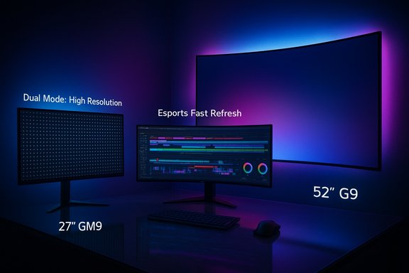 Multi-monitor gaming setup with a 27' GM9, curved ultrawide, and a 52' G9 glowing with RGB lighting.