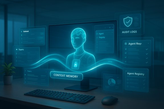 Futuristic holographic AI avatar on a monitor with context memory and audit logs dashboards.