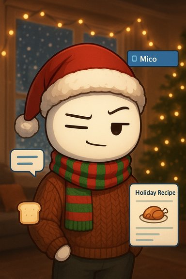 Cartoon character in a Santa hat and scarf winks, holding toast with a Holiday Recipe book in a cozy, twinkling room.