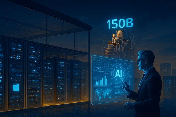 In a data center, a suited man interacts with a glowing AI dashboard.