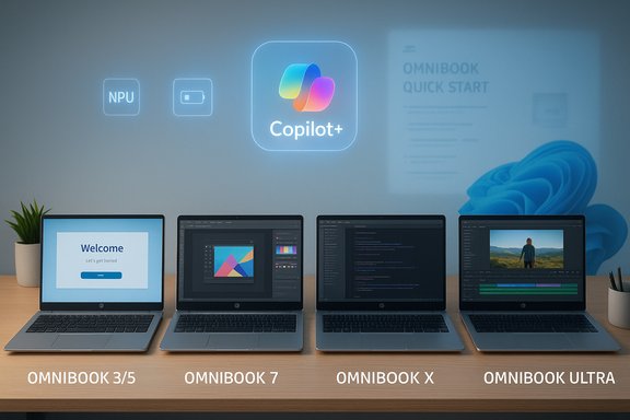 Four Omnibook laptops on a desk with a Copilot+ holographic logo above.