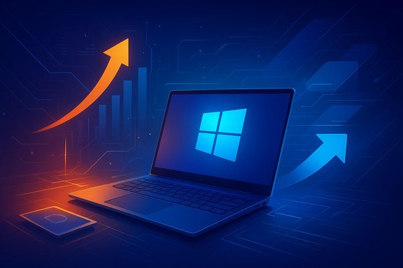 Windows laptop on a futuristic blue circuit background with upward arrows.