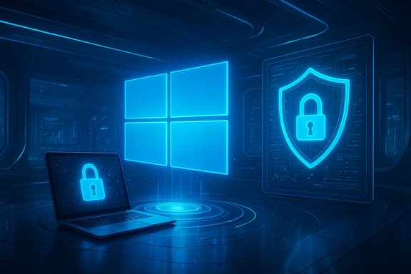Futuristic cyber security scene with a glowing Windows logo, shield lock, and a laptop displaying a padlock.