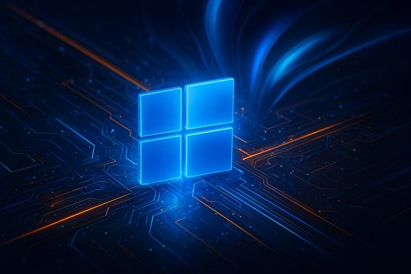 A glowing blue Windows logo sits on a futuristic circuit-board backdrop.