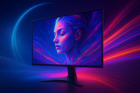 A sleek monitor shows a vivid neon-blue portrait with flowing pink and blue swirls.