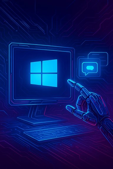 Neon cyberpunk scene of a robotic hand touching a Windows screen amid circuit-board patterns.