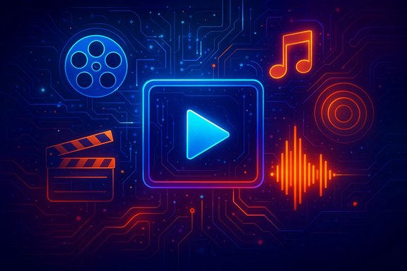 Neon tech art: central play button amid film reel, clapperboard, music note, and waveform.