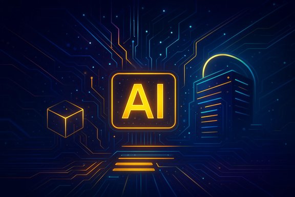 Glowing AI symbol on a neon circuit backdrop with a cube and futuristic cityscape.