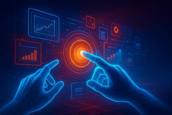 Two blue holographic hands touch a glowing orange target on a futuristic digital interface.
