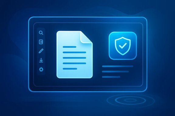 Blue neon UI with a document icon beside a shield and checkmark, signaling secure documents.