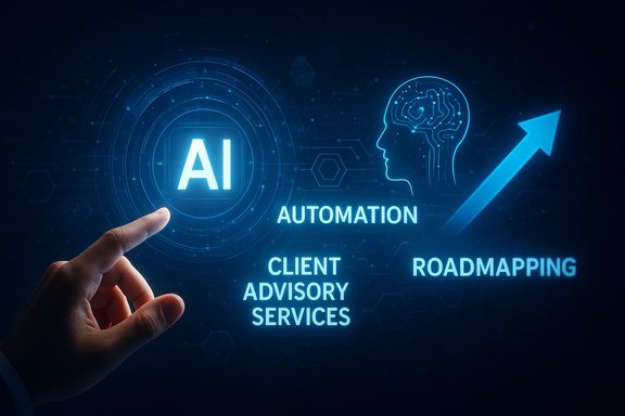 A hand points to a glowing AI interface featuring automation, roadmapping, and advisory services.
