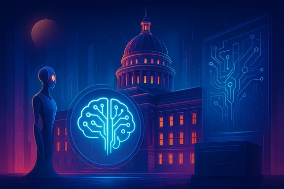 Futuristic neon city with a domed capitol, a glowing brain circuit, and a humanoid figure.