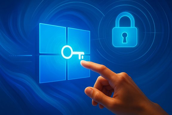 A hand taps a glowing key on a Windows-style grid, symbolizing cybersecurity.