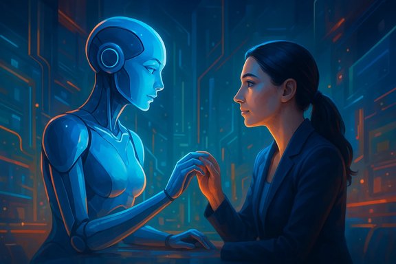 A blue humanoid robot and a woman hold hands in a neon-futuristic, circuitry-filled setting.