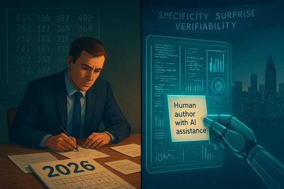 A man signs documents as a robotic hand holds a card reading “Human author with AI assistance.”