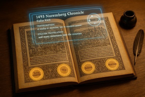 An ancient open manuscript on a wooden desk, with a blue holographic overlay and gold coins at the margins.
