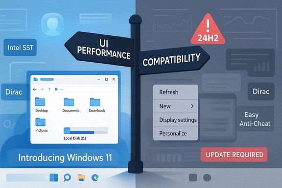 A split infographic comparing UI performance and compatibility for Windows 11, with update alerts.
