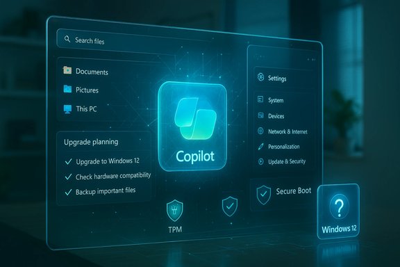 A futuristic holographic Windows 12 Copilot interface with upgrade planning and settings panels.