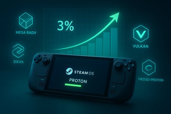 A handheld gaming device running SteamOS Proton, with teal Vulkan performance charts.