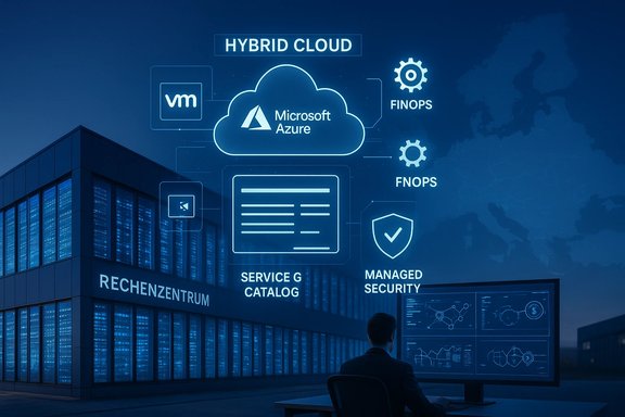 Hybrid cloud concept: Azure cloud connects to a data center with security and services.