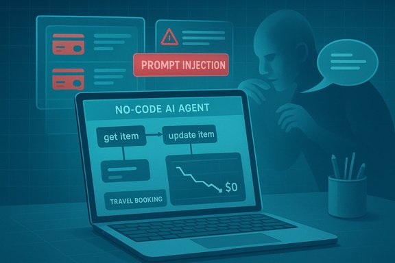 No-code AI agent on a laptop with a prompt-injection warning as a thinker contemplates.