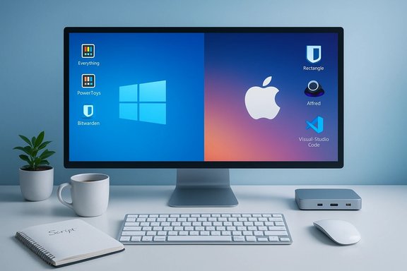 A modern desk setup with a dual-OS monitor showing Windows on the left and macOS on the right.